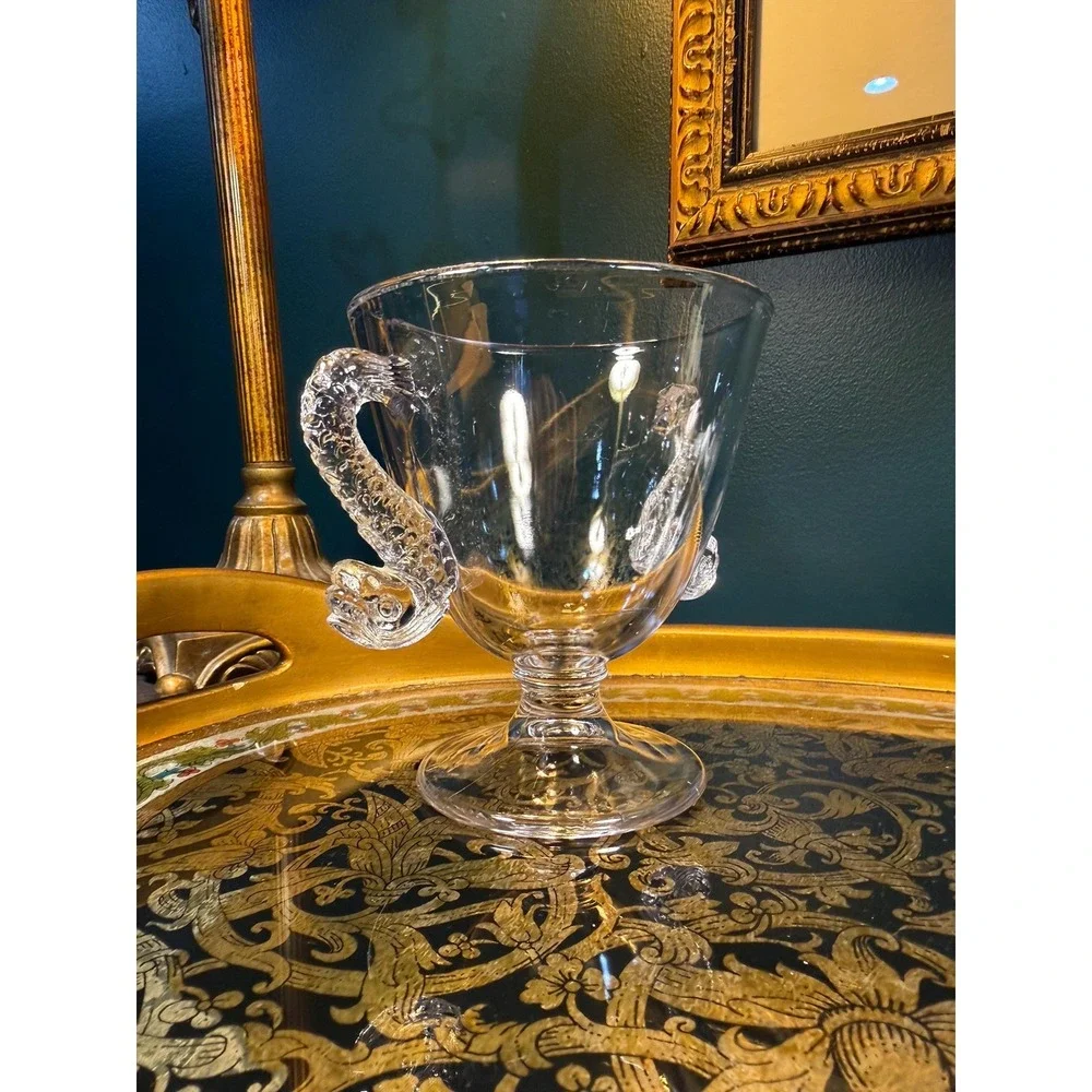Vintage Glass Pedestal cup with Figural Fish Handles‎